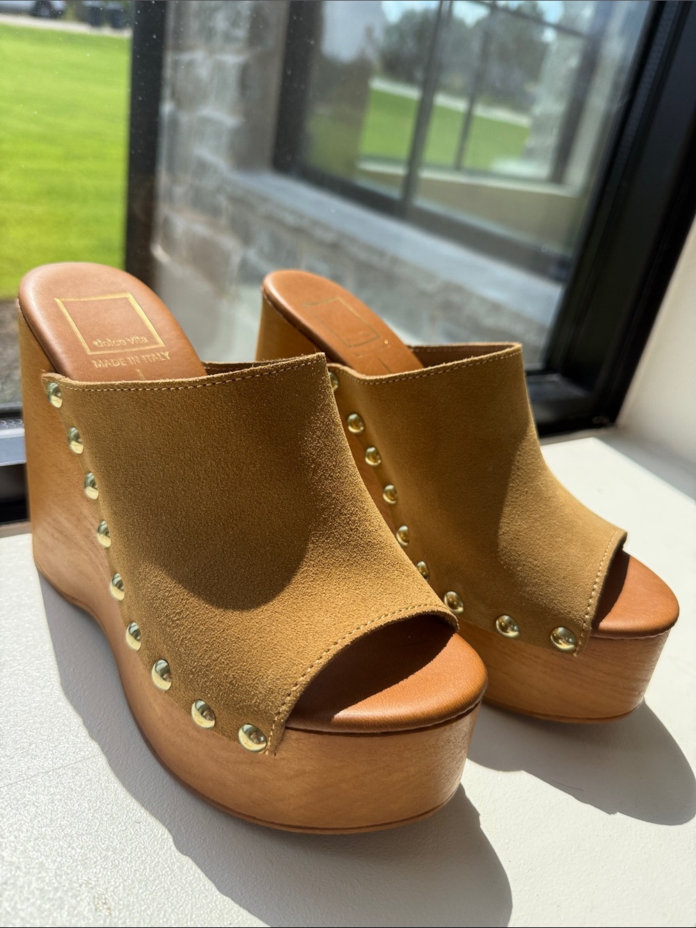 Dolce Vita Tan Suede Platform Mule with Gold Studs